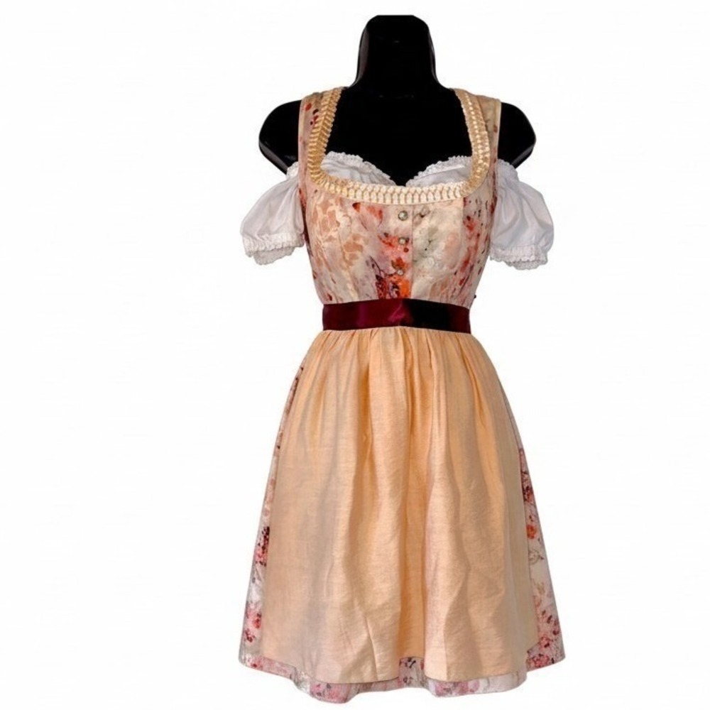 XS Dirndl Dress German Austrian Oktoberfest Party Lace Floral Peach Pink Red